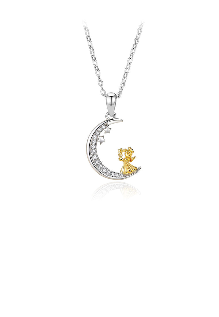 925 Sterling Silver Fashion Temperament Golden Angel Moon Pendant with Cubic Zirconia and Necklace - Luxurious Look