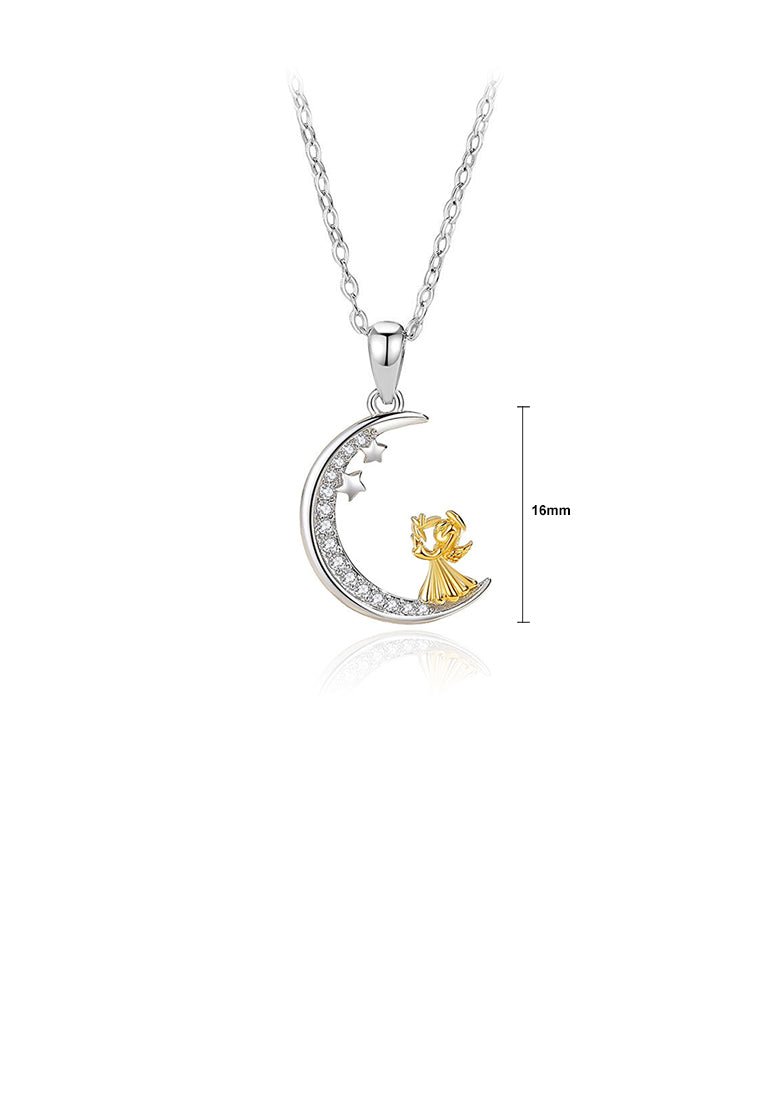 925 Sterling Silver Fashion Temperament Golden Angel Moon Pendant with Cubic Zirconia and Necklace - Luxurious Look