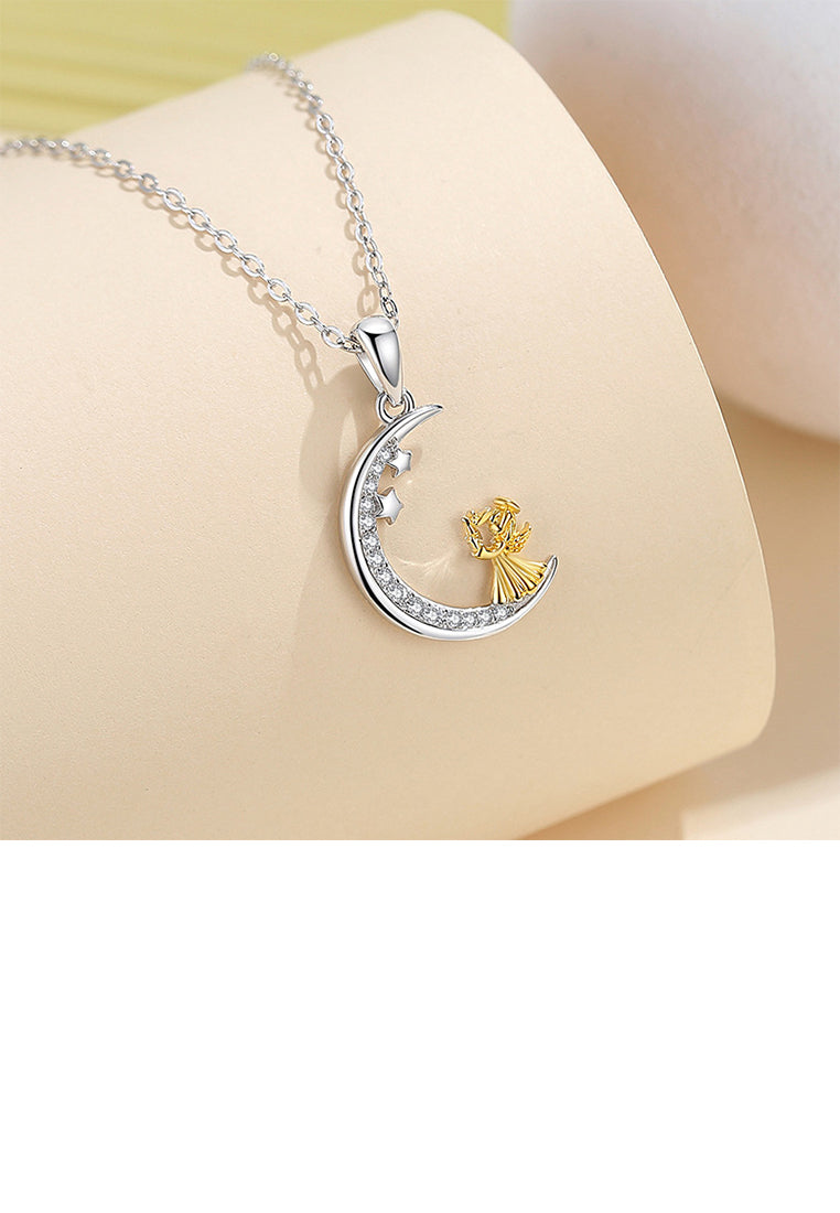 925 Sterling Silver Fashion Temperament Golden Angel Moon Pendant with Cubic Zirconia and Necklace - Luxurious Look