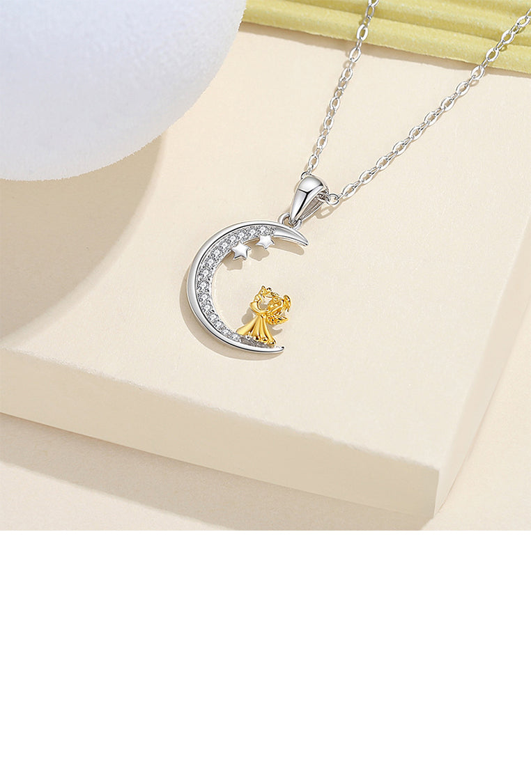 925 Sterling Silver Fashion Temperament Golden Angel Moon Pendant with Cubic Zirconia and Necklace - Luxurious Look