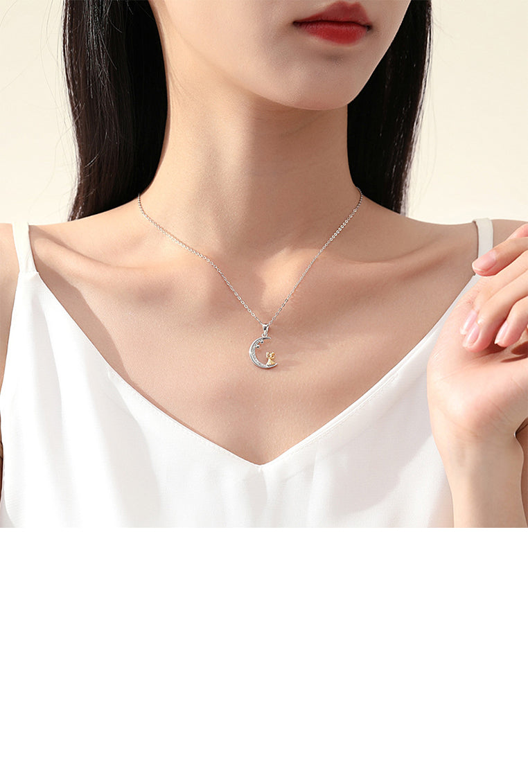 925 Sterling Silver Fashion Temperament Golden Angel Moon Pendant with Cubic Zirconia and Necklace - Luxurious Look