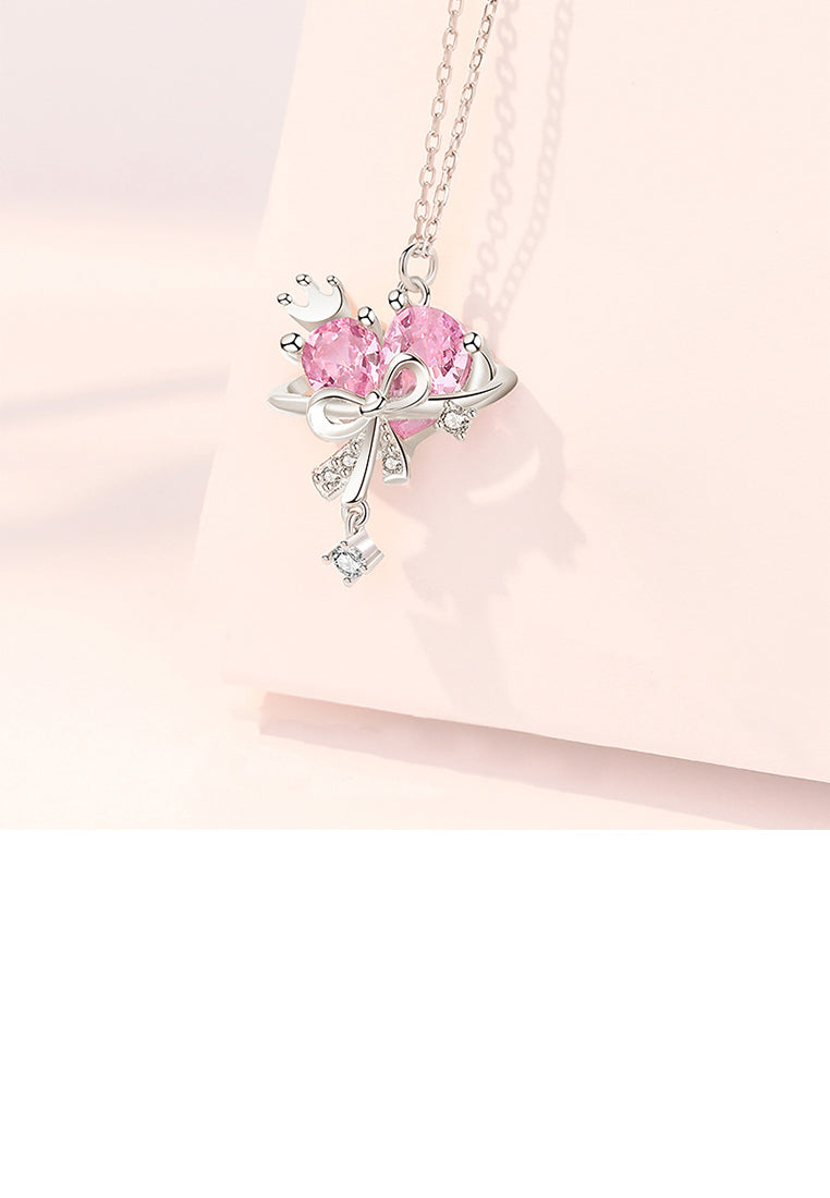 925 Sterling Silver Fashion Sweet Ribbon Heart Shape Pendant with Cubic Zirconia and Necklace - Luxurious Look