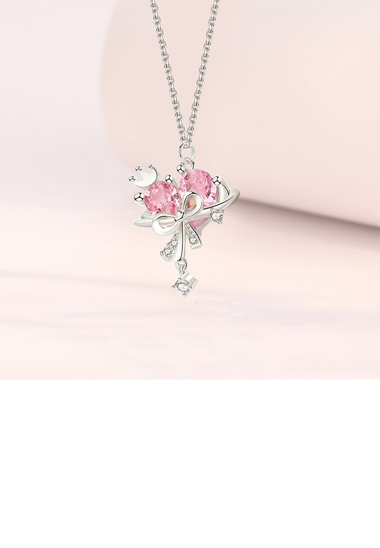925 Sterling Silver Fashion Sweet Ribbon Heart Shape Pendant with Cubic Zirconia and Necklace - Luxurious Look