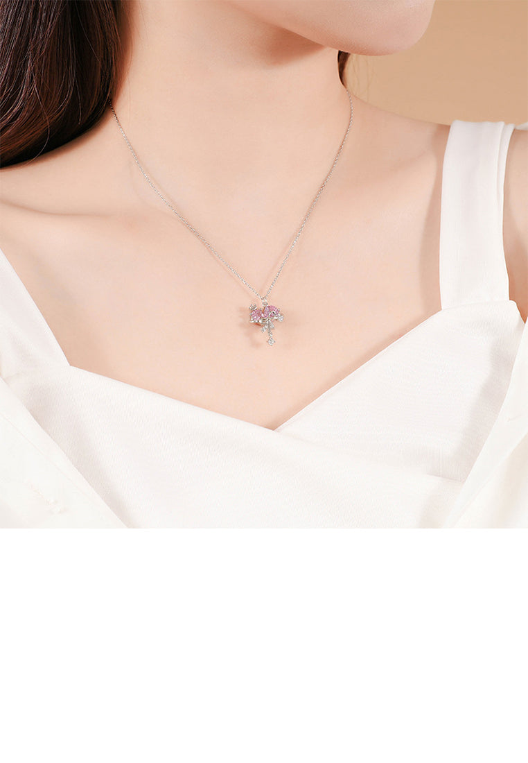 925 Sterling Silver Fashion Sweet Ribbon Heart Shape Pendant with Cubic Zirconia and Necklace - Luxurious Look