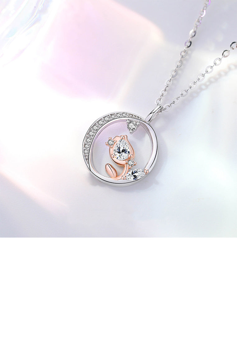 925 Sterling Silver Fashion and Creative Rose Pendant with Cubic Zirconia and Necklace - Luxurious Look