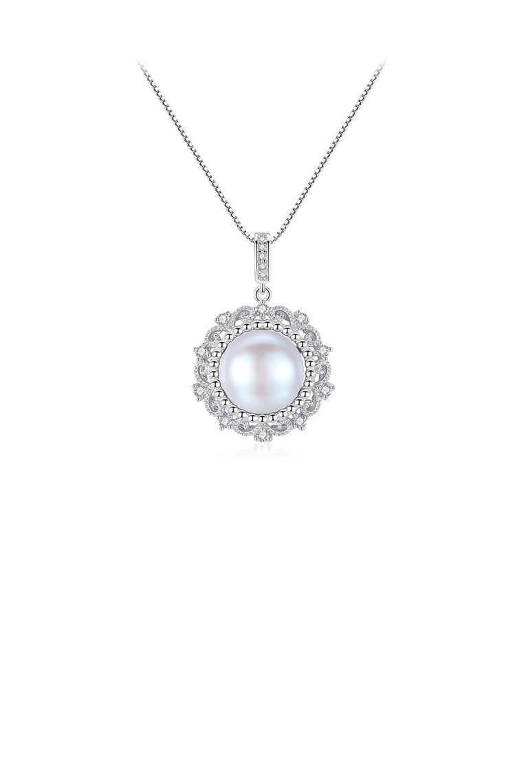 925 Sterling Silver Fashion Elegant Lace Geometric Round Freshwater Pearl Pendant with Cubic Zirconia and Necklace - Luxurious Look