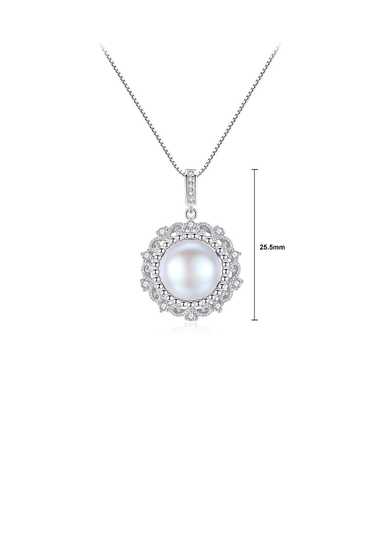 925 Sterling Silver Fashion Elegant Lace Geometric Round Freshwater Pearl Pendant with Cubic Zirconia and Necklace - Luxurious Look