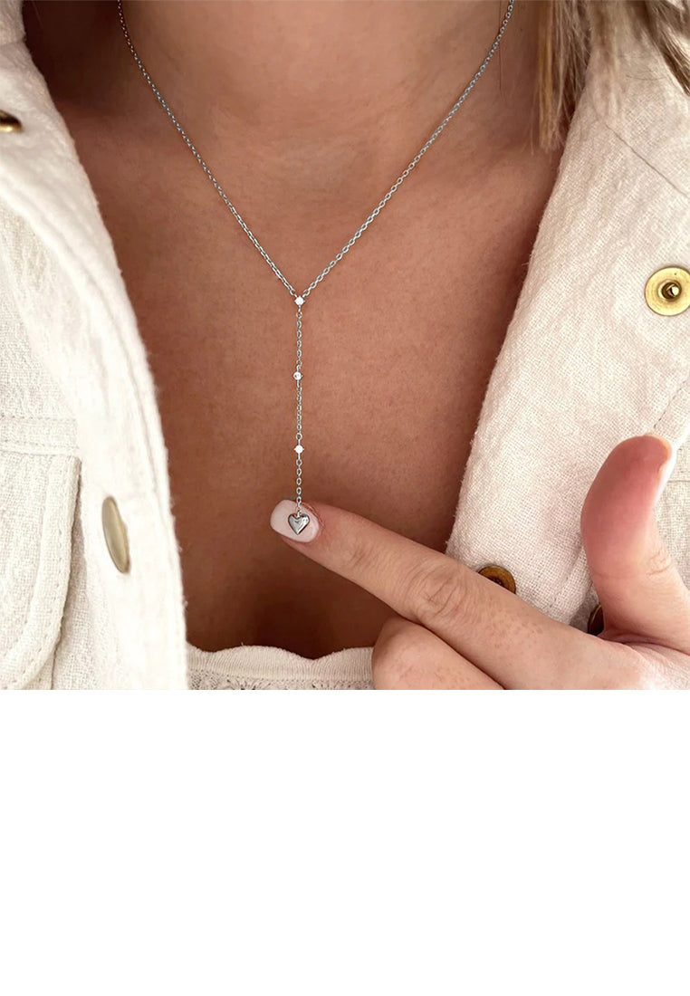 925 Sterling Silver Simple and Fashion Heart-shaped Tassel Pendant with Cubic Zirconia and Necklace - Luxurious Look