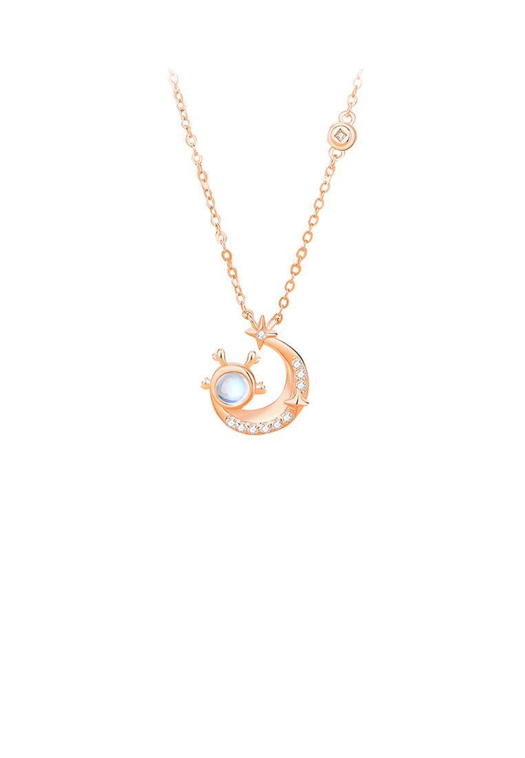 925 Sterling Silver Plated Rose Gold Fashion and Creative Moon Dragon Moonstone Pendant with Cubic Zirconia and Necklace - Luxurious Look