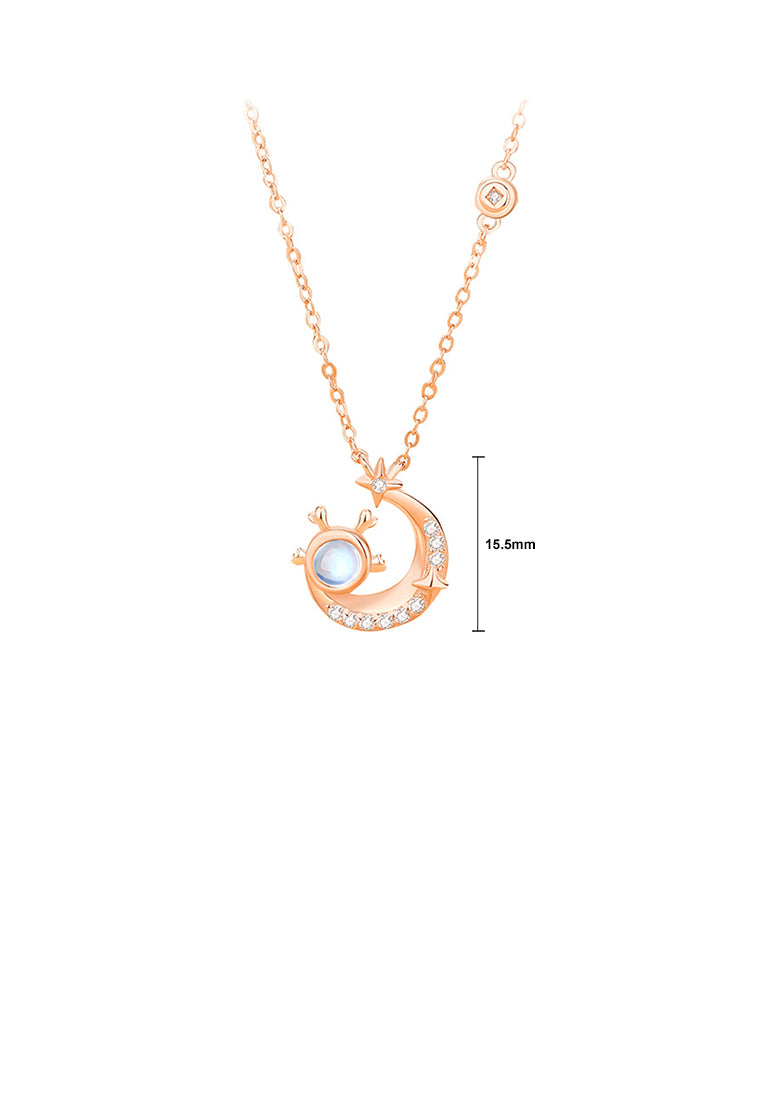 925 Sterling Silver Plated Rose Gold Fashion and Creative Moon Dragon Moonstone Pendant with Cubic Zirconia and Necklace - Luxurious Look