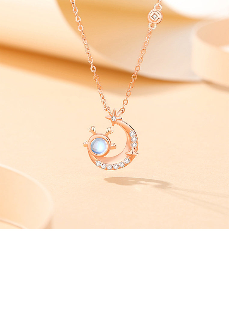 925 Sterling Silver Plated Rose Gold Fashion and Creative Moon Dragon Moonstone Pendant with Cubic Zirconia and Necklace - Luxurious Look