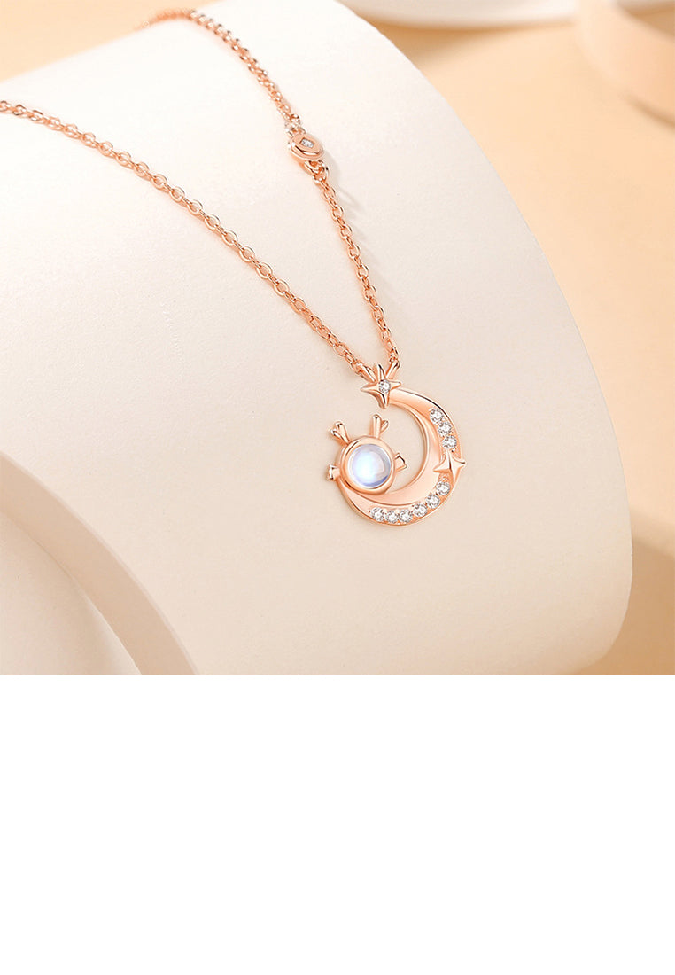 925 Sterling Silver Plated Rose Gold Fashion and Creative Moon Dragon Moonstone Pendant with Cubic Zirconia and Necklace - Luxurious Look