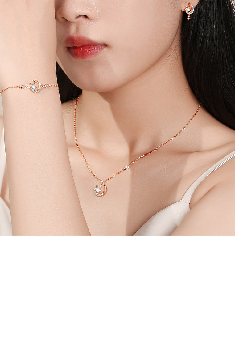 925 Sterling Silver Plated Rose Gold Fashion and Creative Moon Dragon Moonstone Pendant with Cubic Zirconia and Necklace - Luxurious Look