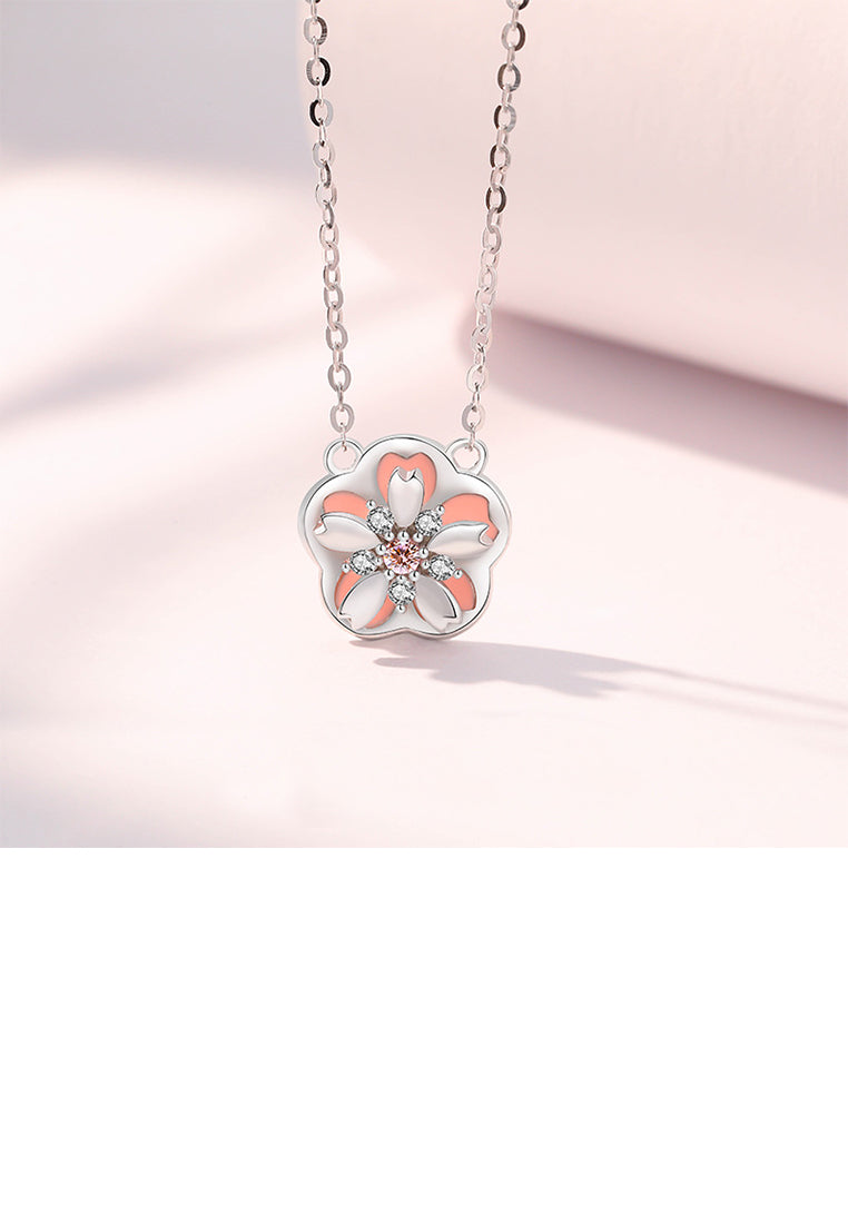 925 Sterling Silver Fashion Creative Rotatable Cherry Blossom Pendant with Cubic Zirconia and Necklace - Luxurious Look