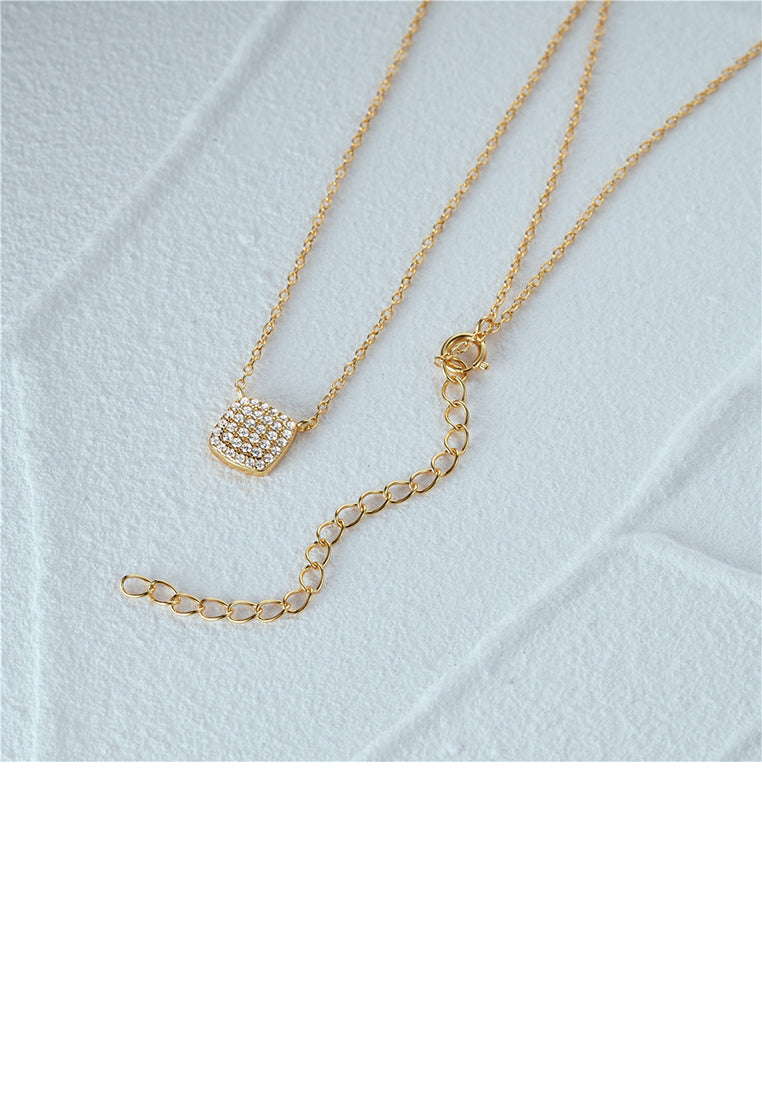 925 Sterling Silver Plated Gold Simple Brilliant Geometric Square Pendant with Cubic Zirconia and Necklace - Luxurious Look