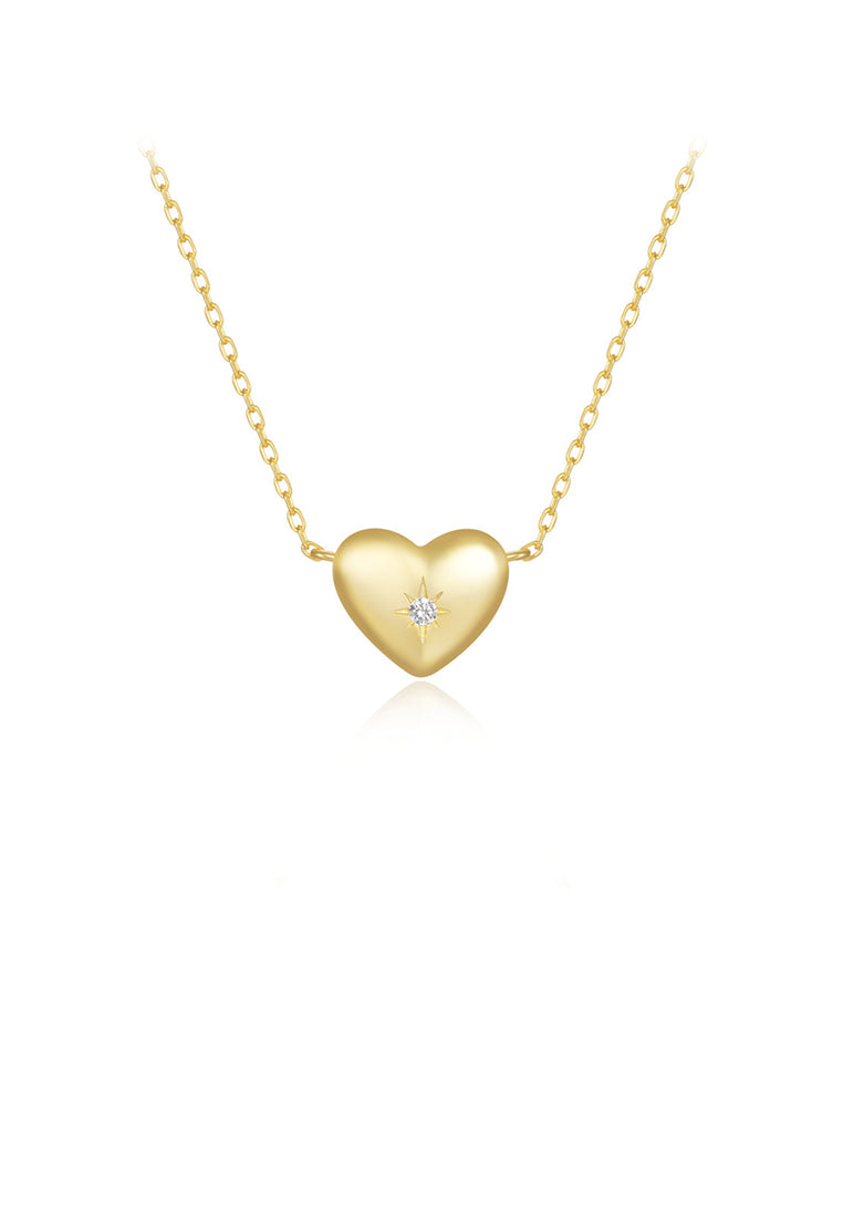 925 Sterling Silver Plated Gold Simple and Cute Heart-shaped Pendant with Cubic Zirconia and Necklace - Luxurious Look