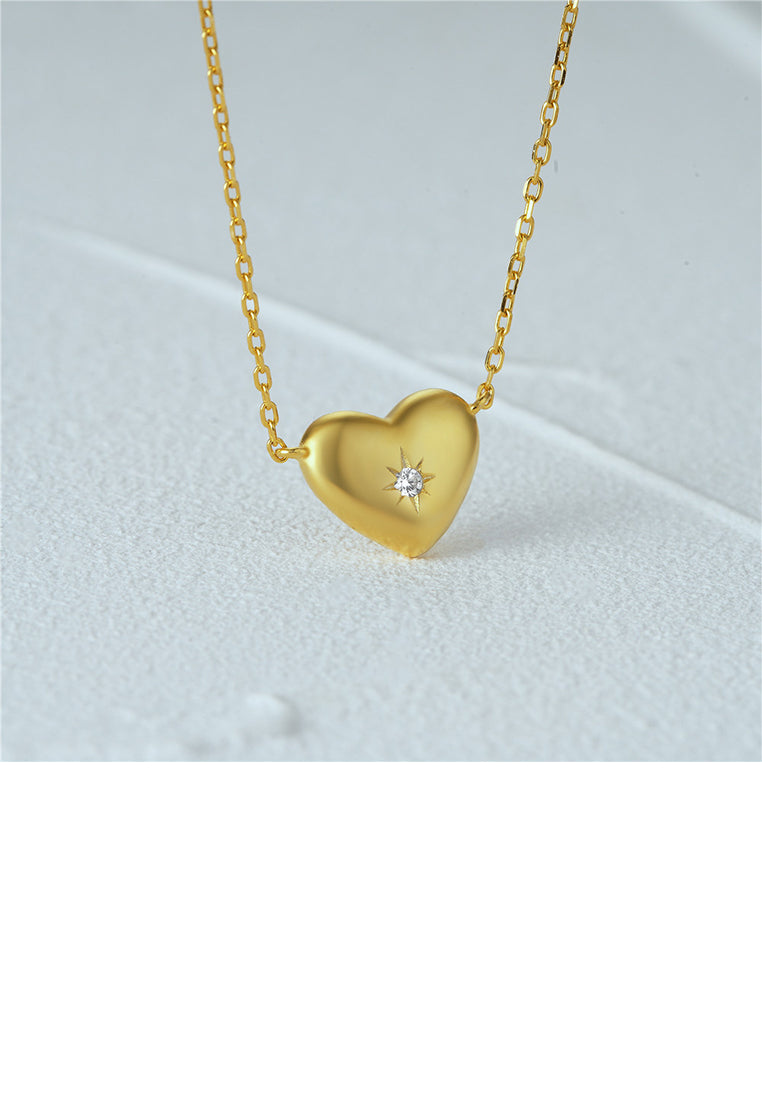 925 Sterling Silver Plated Gold Simple and Cute Heart-shaped Pendant with Cubic Zirconia and Necklace - Luxurious Look