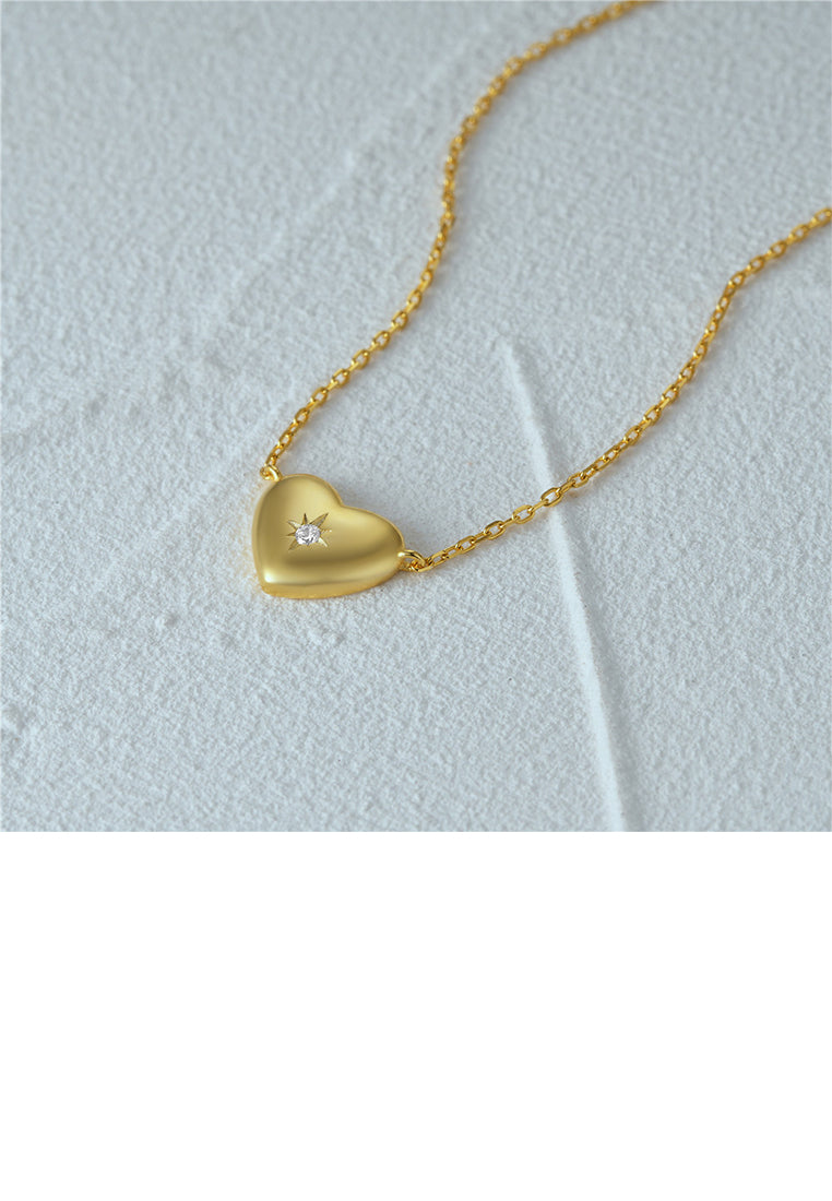 925 Sterling Silver Plated Gold Simple and Cute Heart-shaped Pendant with Cubic Zirconia and Necklace - Luxurious Look