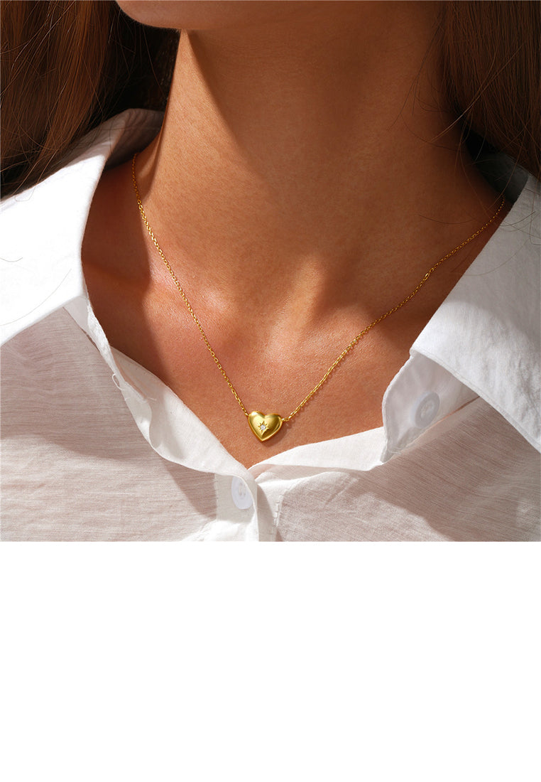 925 Sterling Silver Plated Gold Simple and Cute Heart-shaped Pendant with Cubic Zirconia and Necklace - Luxurious Look