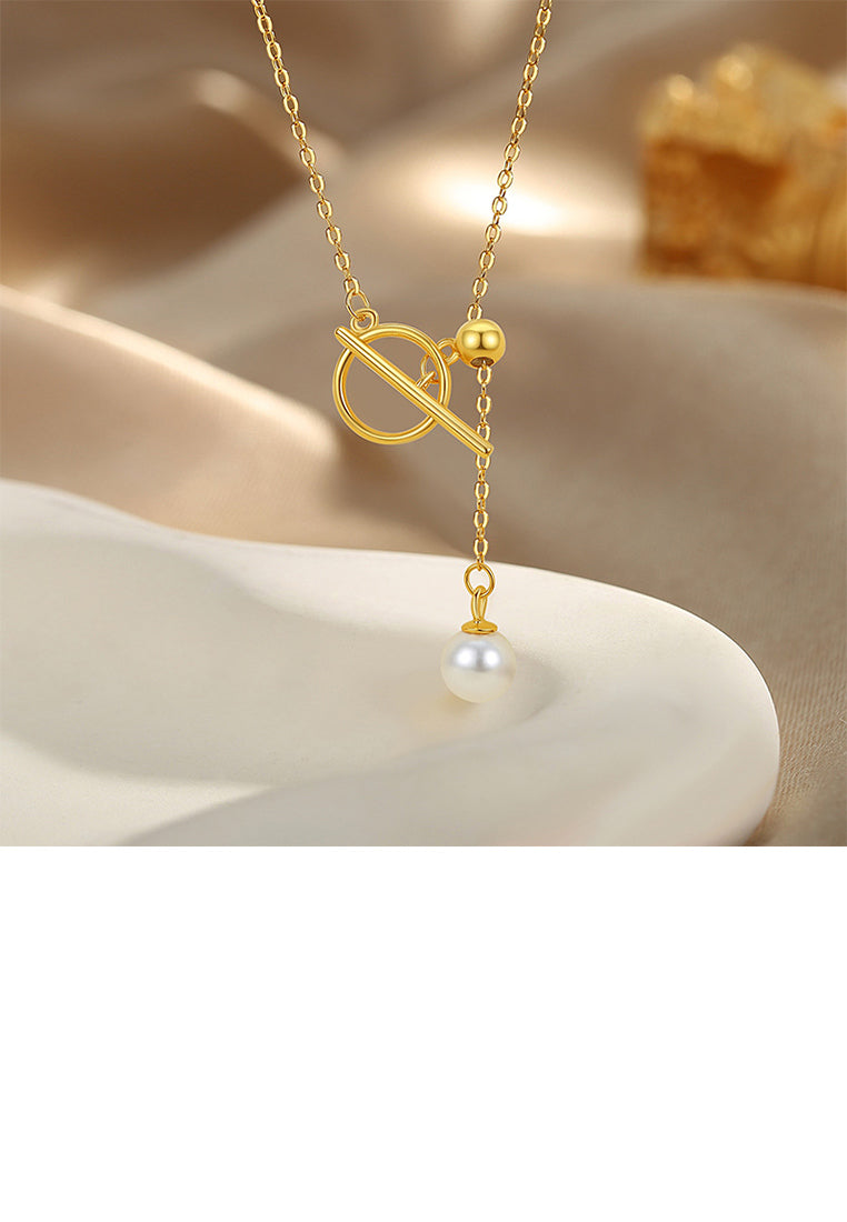925 Sterling Silver Plated Gold Simple and Fashion Geometric Circle Tassel Imitation Pearl Pendant with Necklace - Luxurious Look