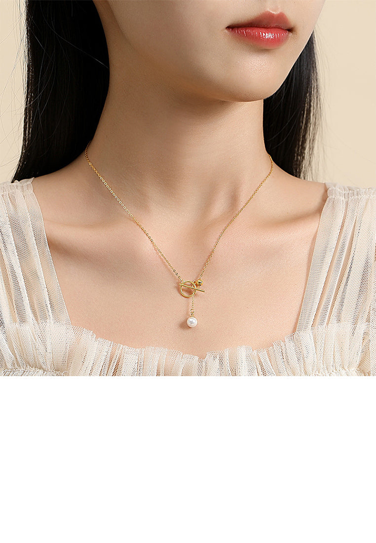 925 Sterling Silver Plated Gold Simple and Fashion Geometric Circle Tassel Imitation Pearl Pendant with Necklace - Luxurious Look
