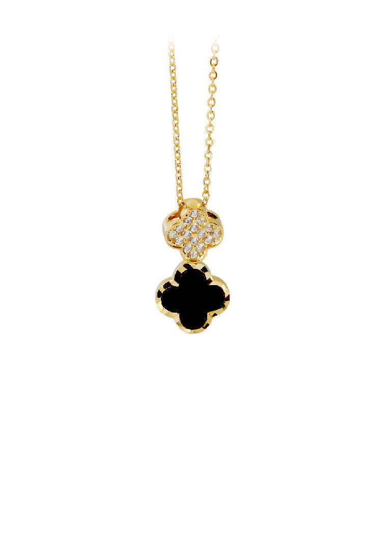 925 Sterling Silver Plated Gold Fashion Simple Four-leafed Clover Black Imitation Agate Pendant with Cubic Zirconia and Necklace - Luxurious Look