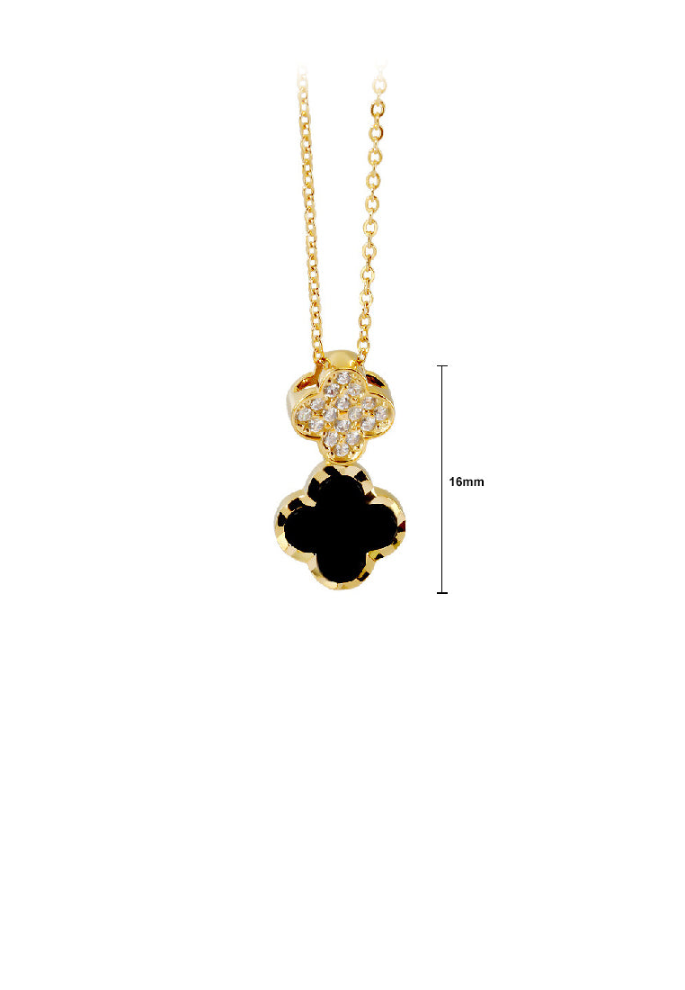 925 Sterling Silver Plated Gold Fashion Simple Four-leafed Clover Black Imitation Agate Pendant with Cubic Zirconia and Necklace - Luxurious Look
