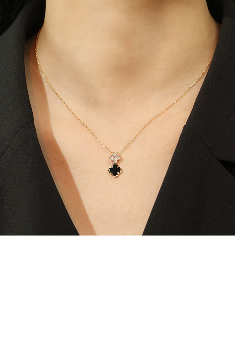 925 Sterling Silver Plated Gold Fashion Simple Four-leafed Clover Black Imitation Agate Pendant with Cubic Zirconia and Necklace - Luxurious Look