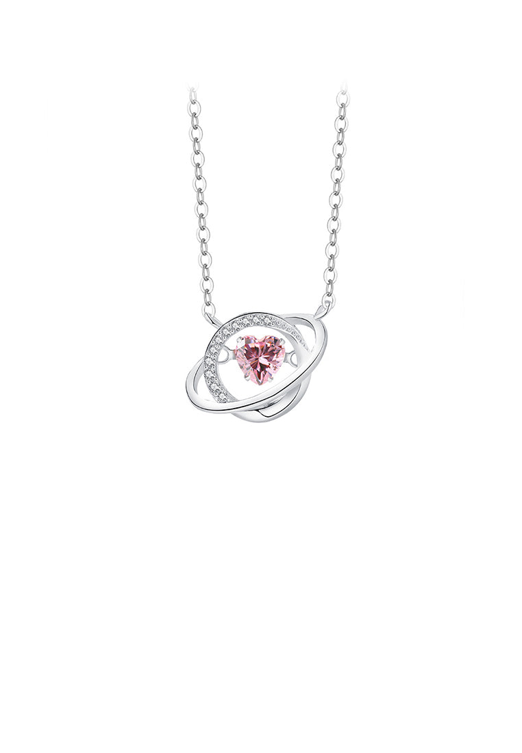 925 Sterling Silver Fashion and Creative Heart-shaped Planet Pendant with Pink Cubic Zirconia and Necklace - Luxurious Look - Vibrant Color