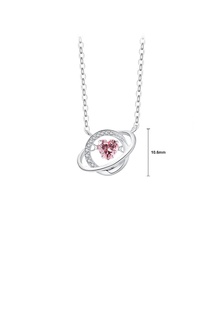 925 Sterling Silver Fashion and Creative Heart-shaped Planet Pendant with Pink Cubic Zirconia and Necklace - Luxurious Look - Vibrant Color