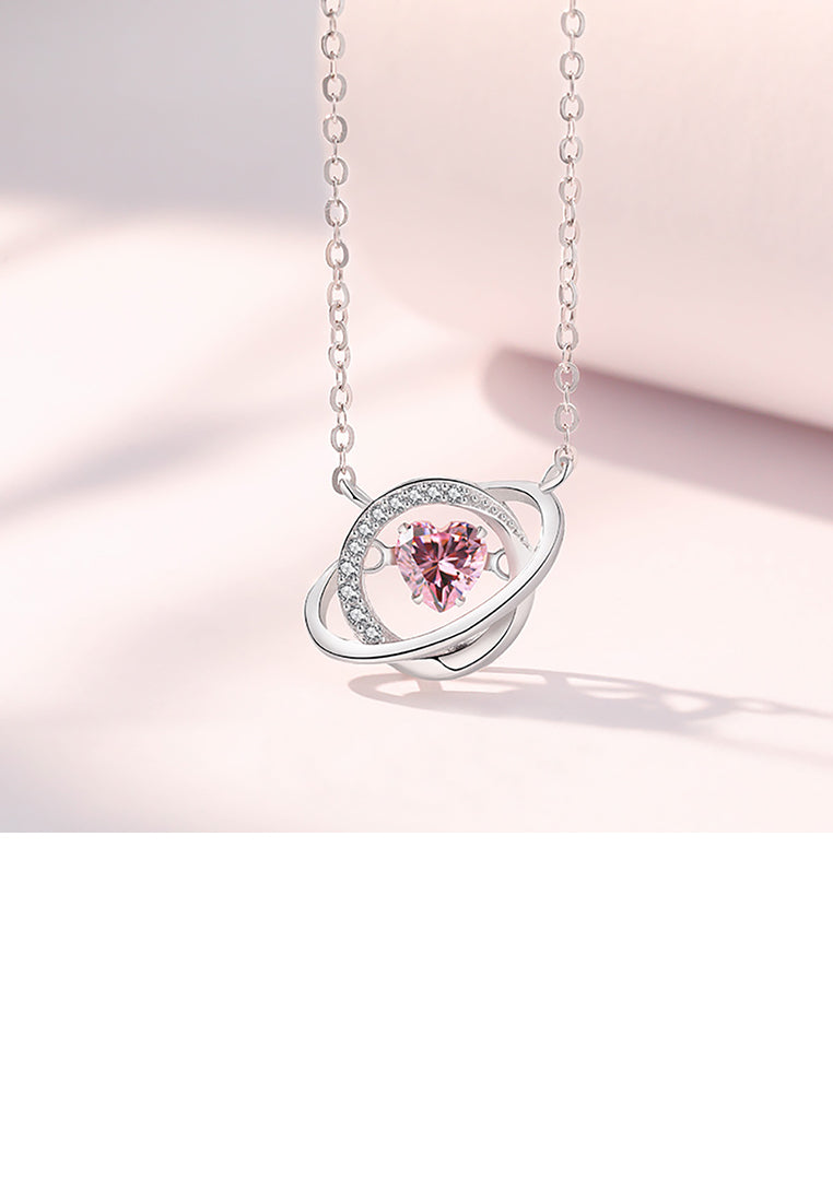925 Sterling Silver Fashion and Creative Heart-shaped Planet Pendant with Pink Cubic Zirconia and Necklace - Luxurious Look - Vibrant Color
