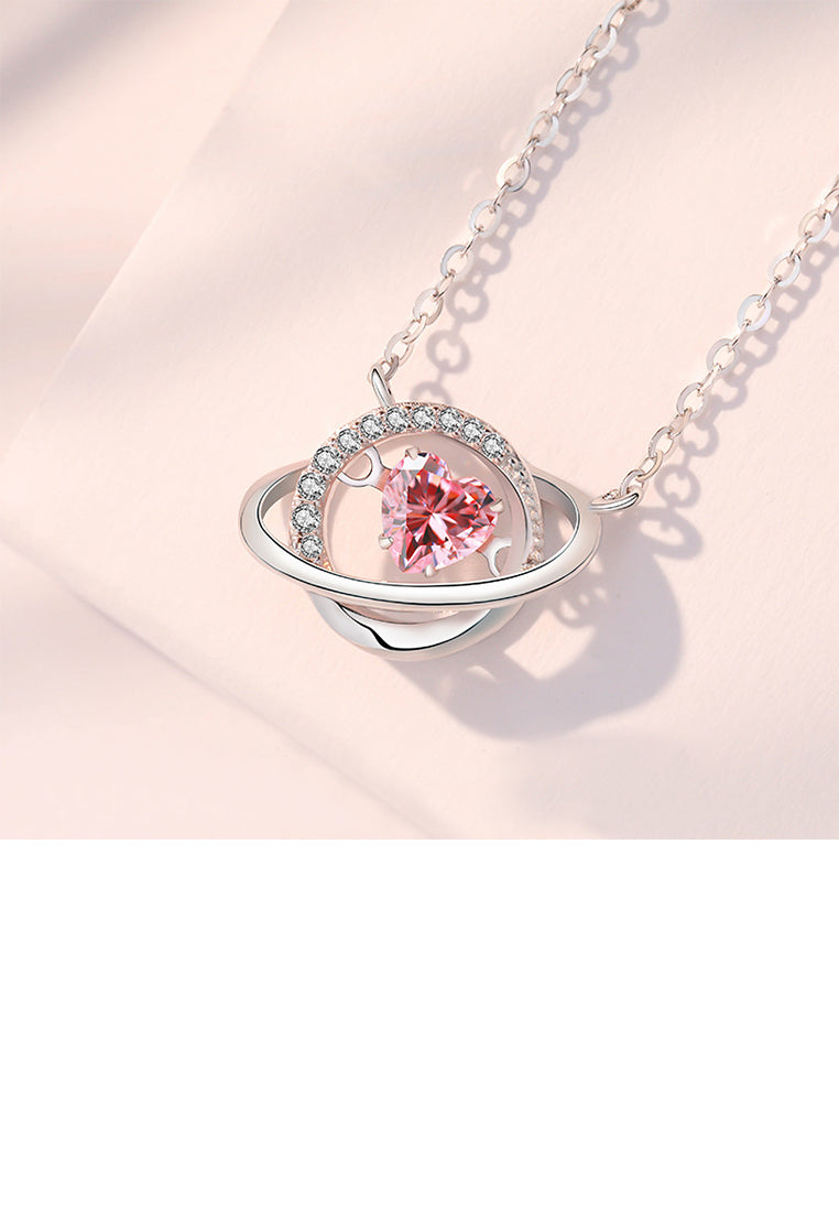 925 Sterling Silver Fashion and Creative Heart-shaped Planet Pendant with Pink Cubic Zirconia and Necklace - Luxurious Look - Vibrant Color