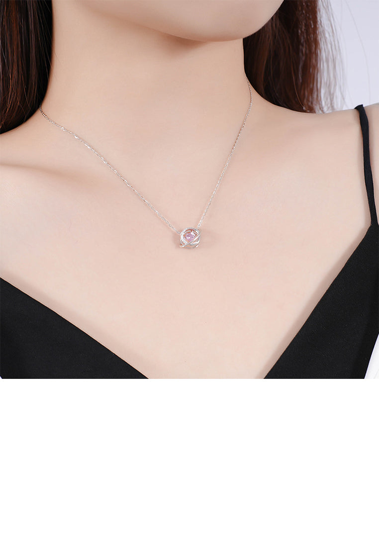 925 Sterling Silver Fashion and Creative Heart-shaped Planet Pendant with Pink Cubic Zirconia and Necklace - Luxurious Look - Vibrant Color
