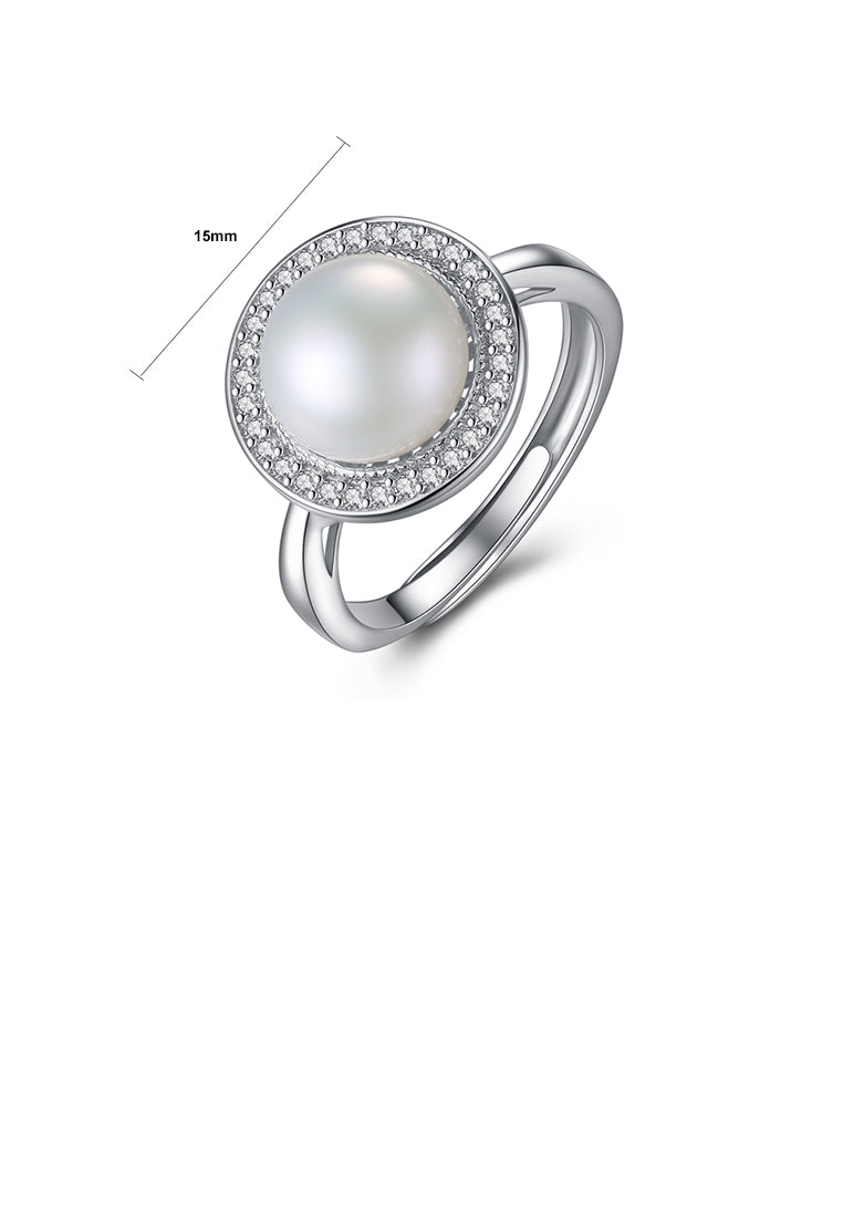 925 Sterling Silver Simple Fashion Geometric Round White Freshwater Pearl Adjustable Open Ring with Cubic Zirconia - Luxurious Look