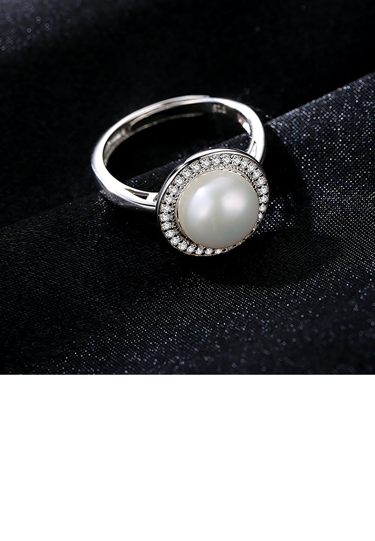 925 Sterling Silver Simple Fashion Geometric Round White Freshwater Pearl Adjustable Open Ring with Cubic Zirconia - Luxurious Look