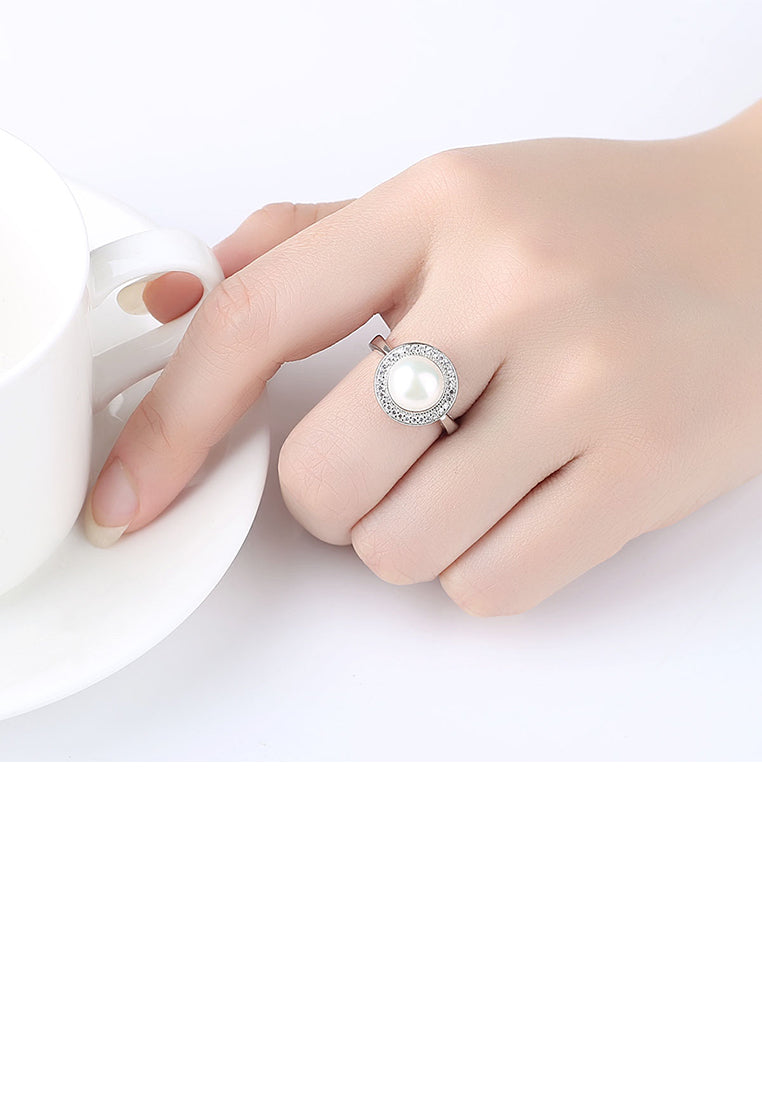925 Sterling Silver Simple Fashion Geometric Round White Freshwater Pearl Adjustable Open Ring with Cubic Zirconia - Luxurious Look