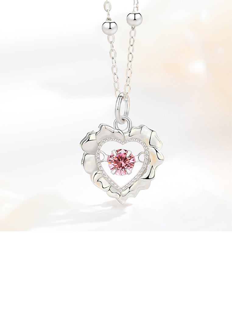 925 Sterling Silver Fashion Simple Hollow Heart-shaped Pendant with Pink Cubic Zirconia and Necklace - Luxurious Look - Vibrant Color