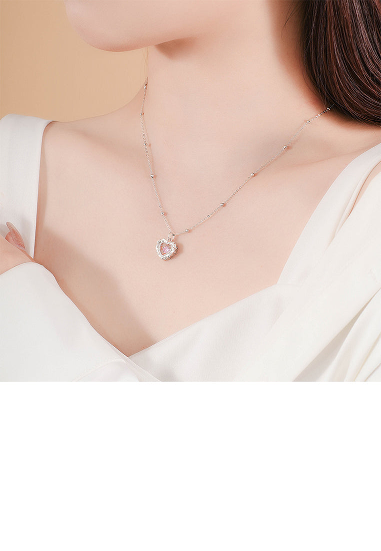 925 Sterling Silver Fashion Simple Hollow Heart-shaped Pendant with Pink Cubic Zirconia and Necklace - Luxurious Look - Vibrant Color