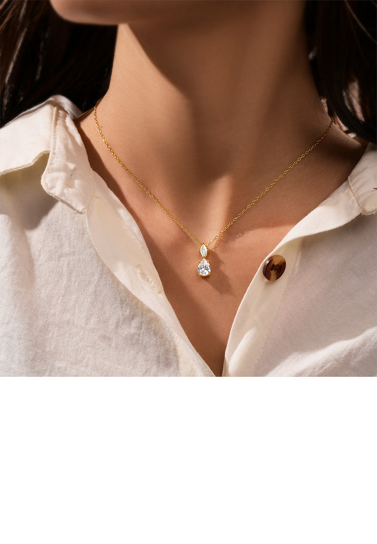 925 Sterling Silver Plated Gold Simple and Fashion Water Drop-shaped Geometric Pendant with Cubic Zirconia and Necklace - Luxurious Look