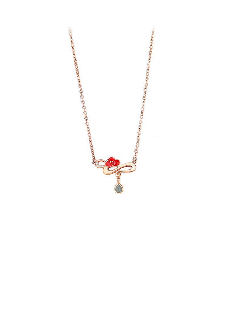 925 Sterling Silver Plated Rose Gold Simple Vintage Enamel Xiangyun Pendant with Cubic Zirconia and Necklace - Luxurious Look