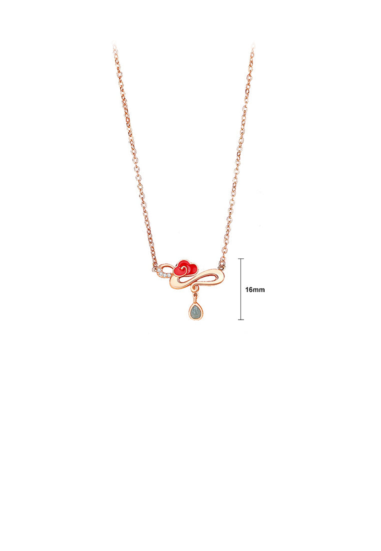 925 Sterling Silver Plated Rose Gold Simple Vintage Enamel Xiangyun Pendant with Cubic Zirconia and Necklace - Luxurious Look