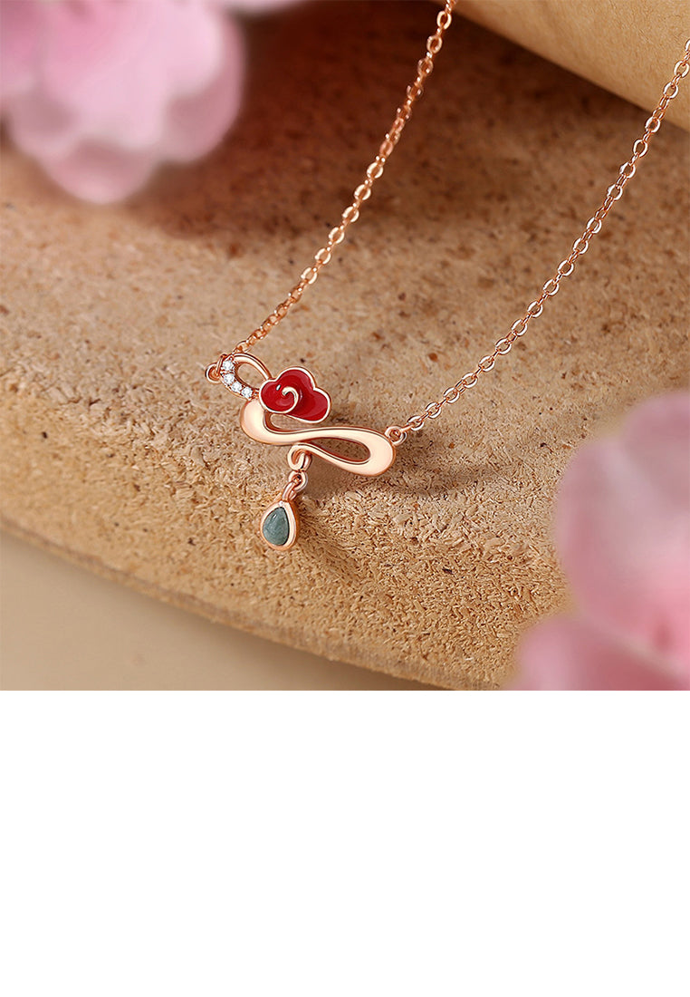925 Sterling Silver Plated Rose Gold Simple Vintage Enamel Xiangyun Pendant with Cubic Zirconia and Necklace - Luxurious Look