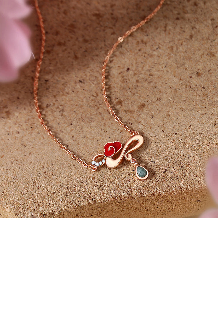 925 Sterling Silver Plated Rose Gold Simple Vintage Enamel Xiangyun Pendant with Cubic Zirconia and Necklace - Luxurious Look