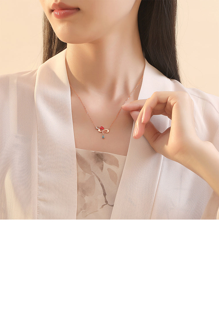 925 Sterling Silver Plated Rose Gold Simple Vintage Enamel Xiangyun Pendant with Cubic Zirconia and Necklace - Luxurious Look