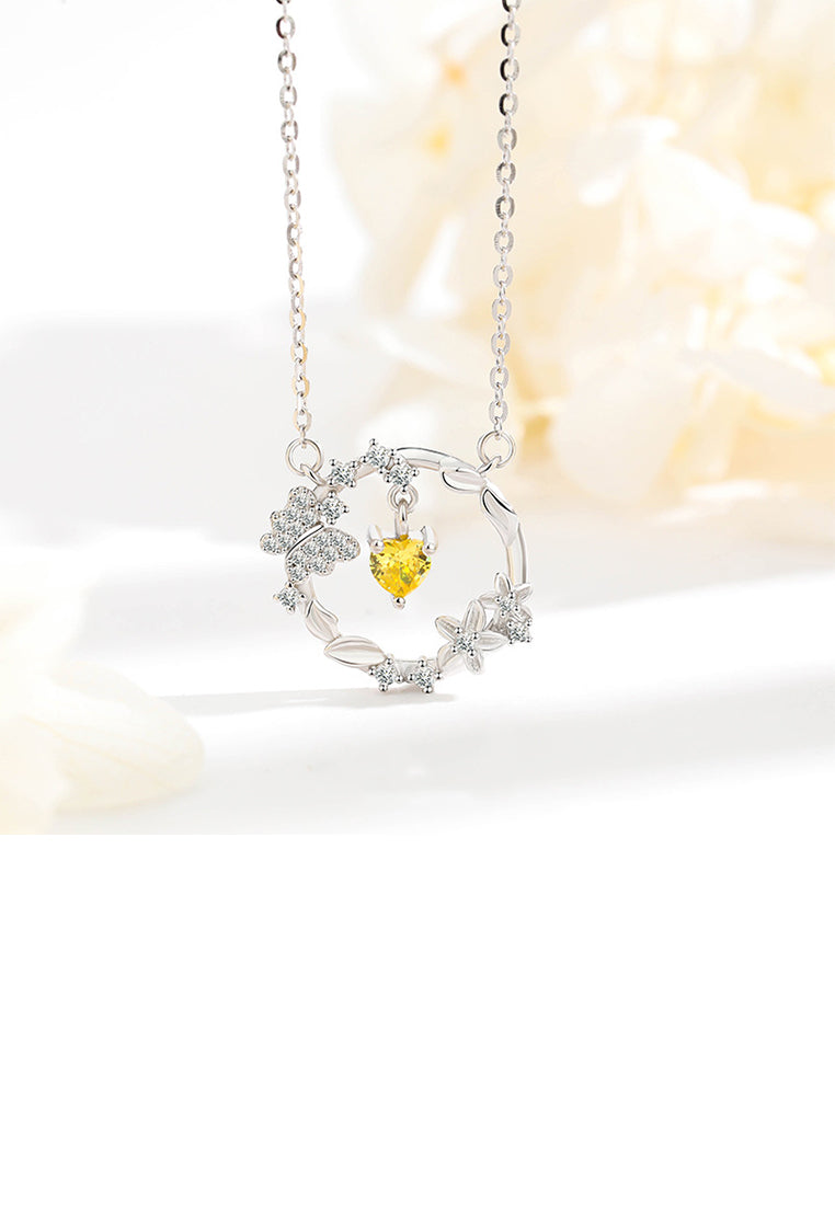925 Sterling Silver Fashion and Elegant Butterfly Flower Pendant with Cubic Zirconia and Necklace - Luxurious Look
