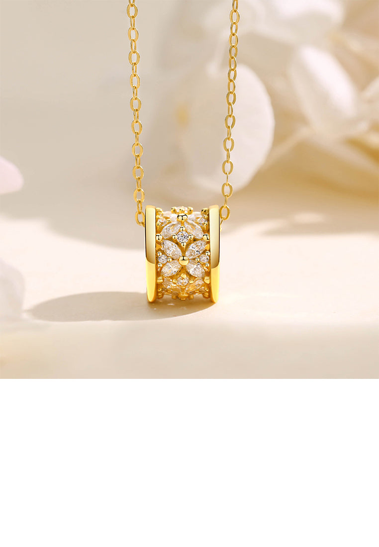 925 Sterling Silver Plated Gold Simple and Fashion Flower Small Waist Geometric Pendant with Cubic Zirconia and Necklace - Luxurious Look