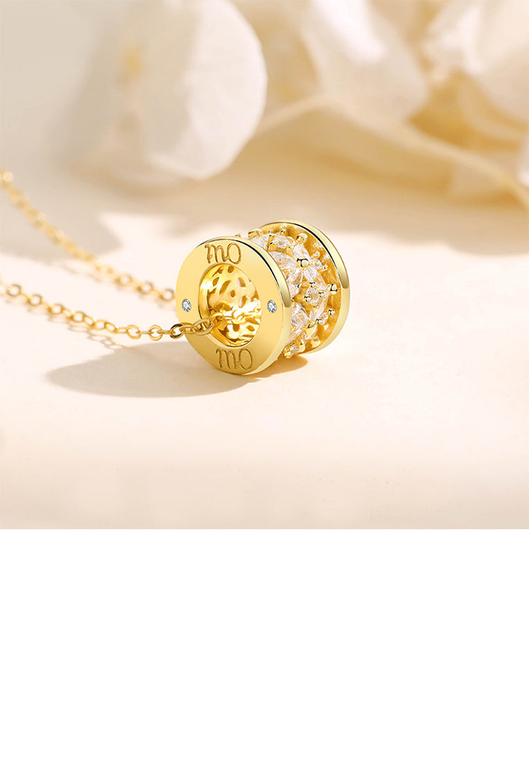 925 Sterling Silver Plated Gold Simple and Fashion Flower Small Waist Geometric Pendant with Cubic Zirconia and Necklace - Luxurious Look
