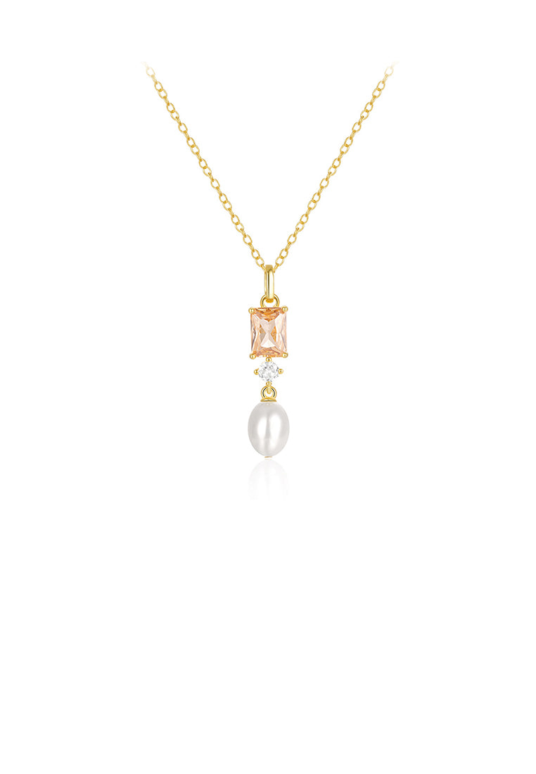 925 Sterling Silver Plated Gold Simple and Elegant Geometric Imitation Pearl Pendant with Cubic Zirconia and Necklace - Luxurious Look