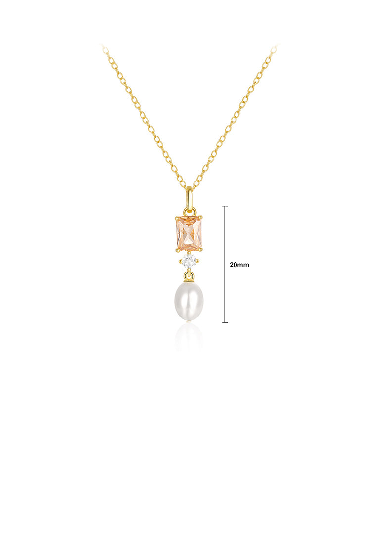 925 Sterling Silver Plated Gold Simple and Elegant Geometric Imitation Pearl Pendant with Cubic Zirconia and Necklace - Luxurious Look