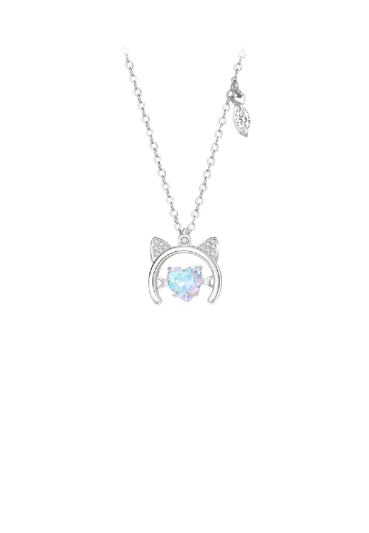 925 Sterling Silver Simple and Cute Cat Heart Pendant with Cubic Zirconia and Necklace - Luxurious Look